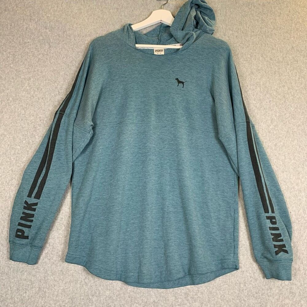 Pink Victorias Secret Womens Medium Pullover T Shirt Hoodie Teal Long Sleeve